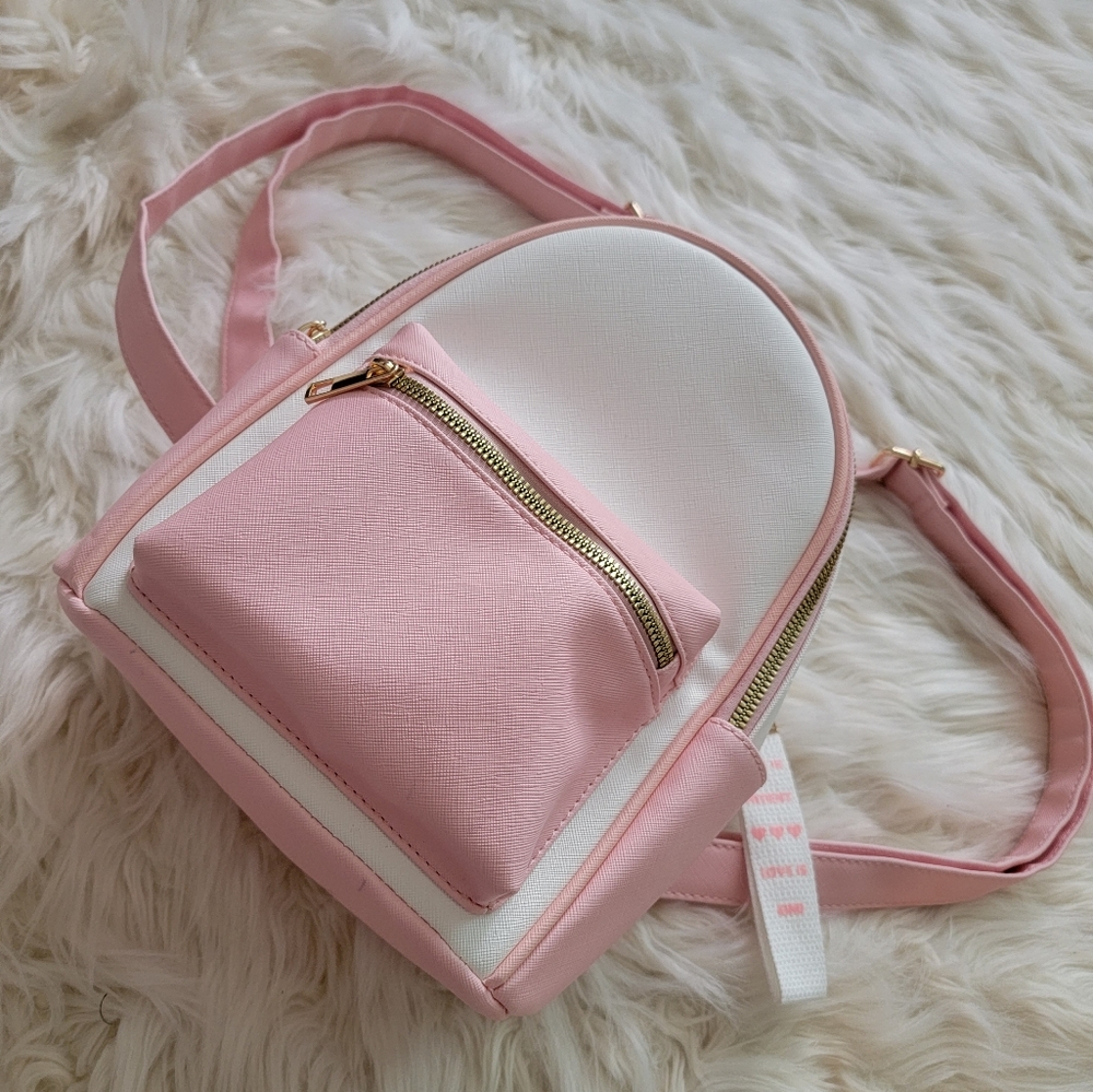 NEW - Pink And White Leather Backpack Purse